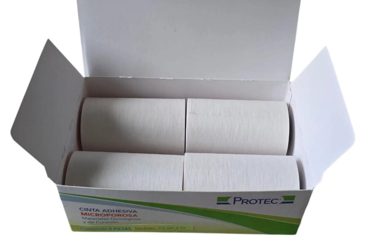 CINTA ADHESIVA MICROPOROSA PROTEC 7.50 CM X 10 M C/4 ROLLOS