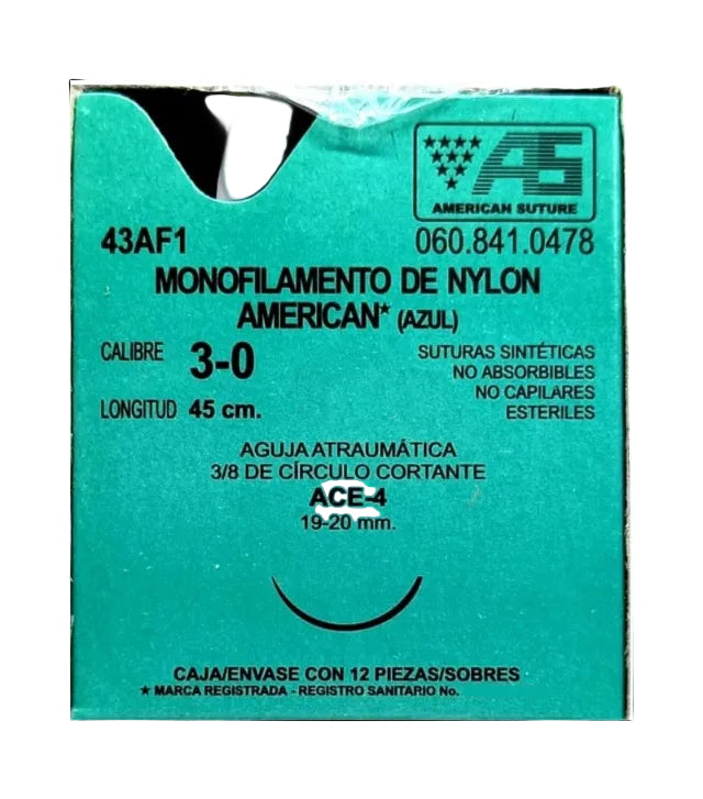 NYLON AZUL (American) Cal. 3-0/L: 45cm/Aguja ACE-4 Sob. c/12 Pza.