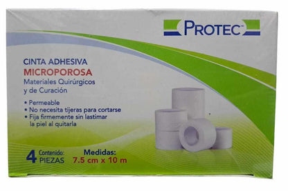 CINTA ADHESIVA MICROPOROSA PROTEC 7.50 CM X 10 M C/4 ROLLOS