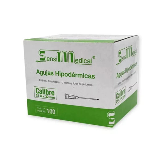 AGUJAS HIPODERMICA DESECHABLES CALIBRE 21G X 32MM (VERDE) C/100.